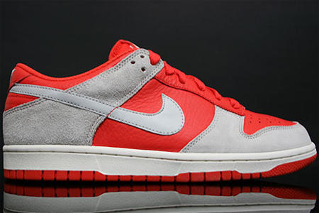 gray and red dunks