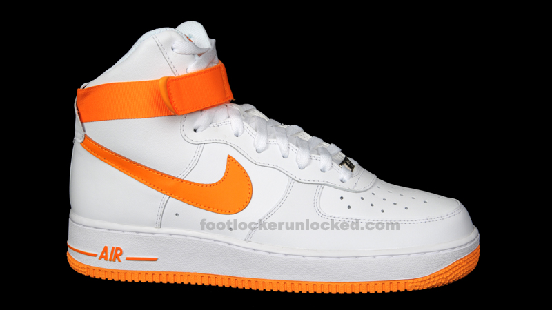 orange and white high top air force ones