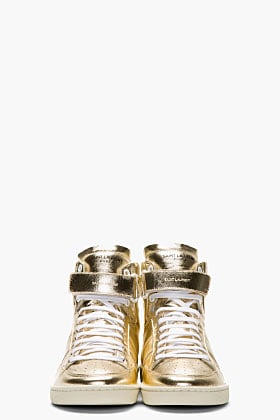 Saint Laurent Gold Lamé Leather High-Top Sneaker