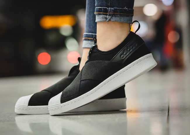 adidas originals superstar slip on sneakers in black and white