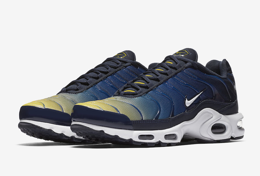blue and yellow nike air max plus