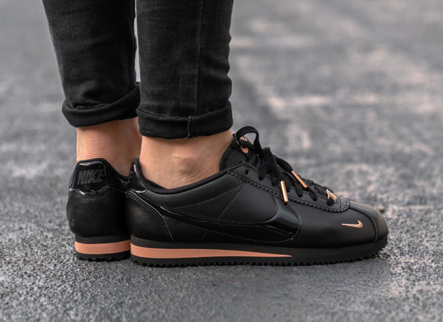 rose gold and black nike cortez