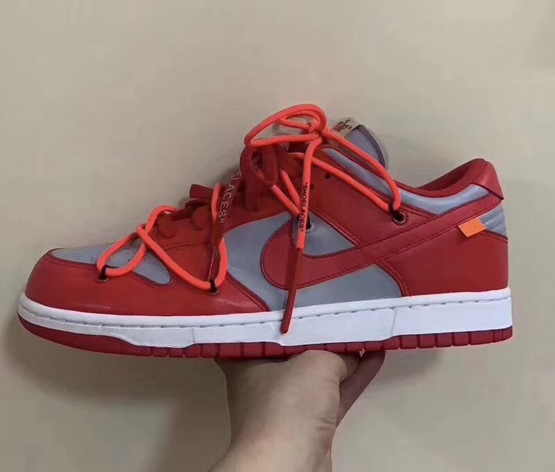 off white dunk low red on feet