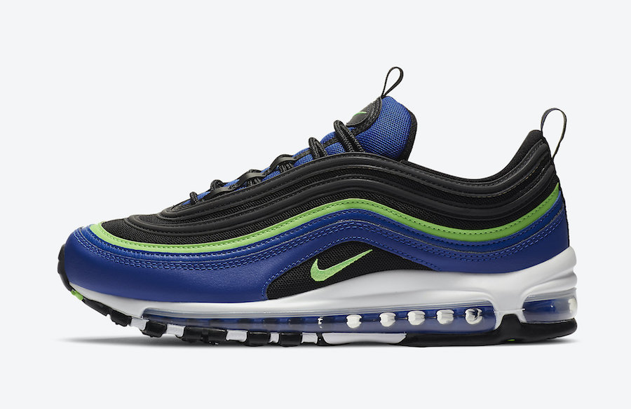 blue and lime green air max 97