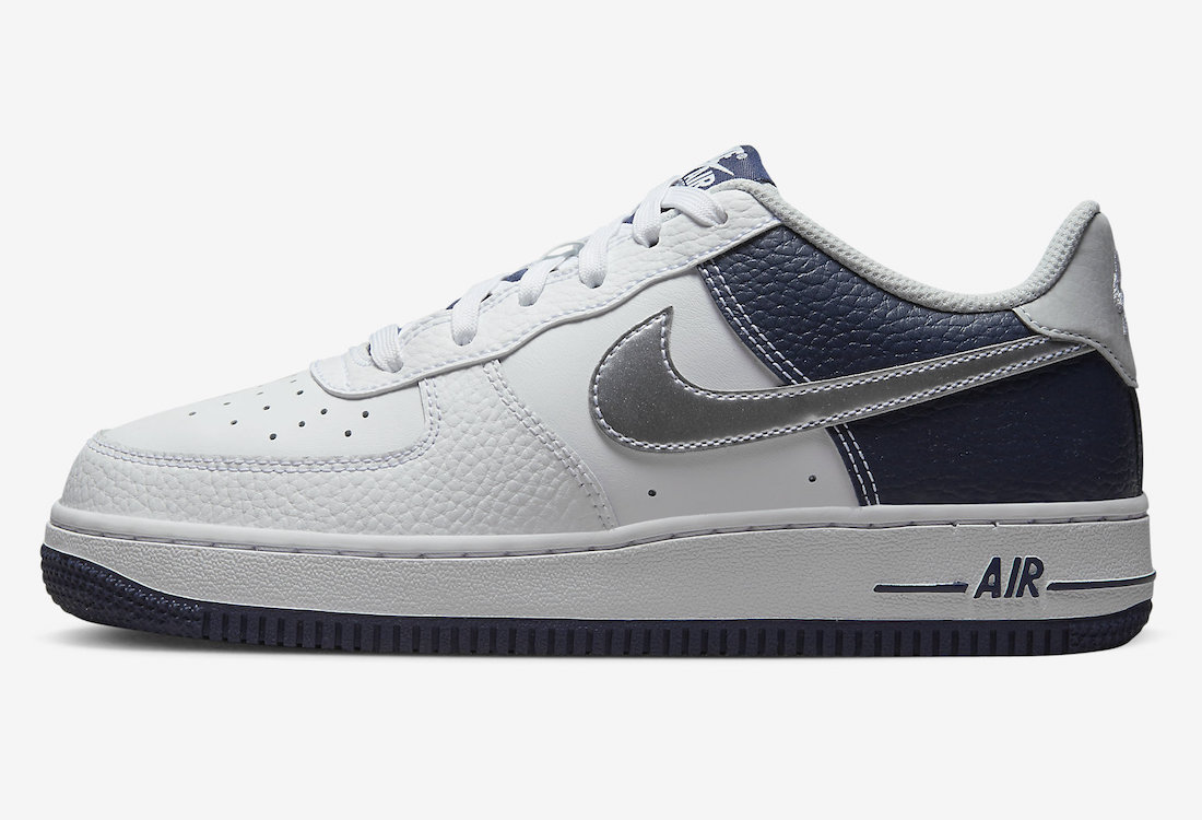 Nike Air Force 1 Low GS White Metallic Silver Midnight Navy DQ6048-100 ...