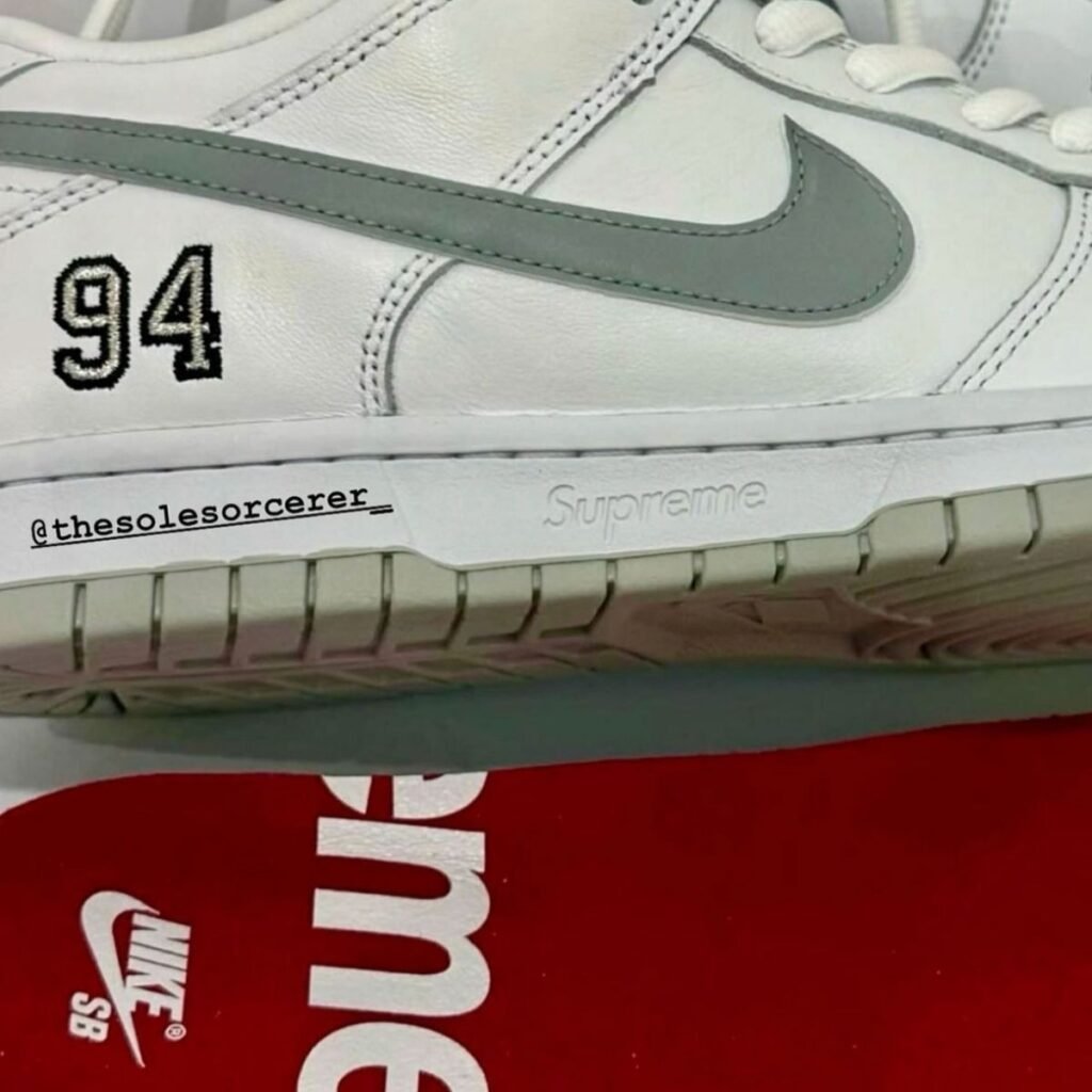 Supreme Nike SB Dunk Low White Metallic Silver HQ8487-100