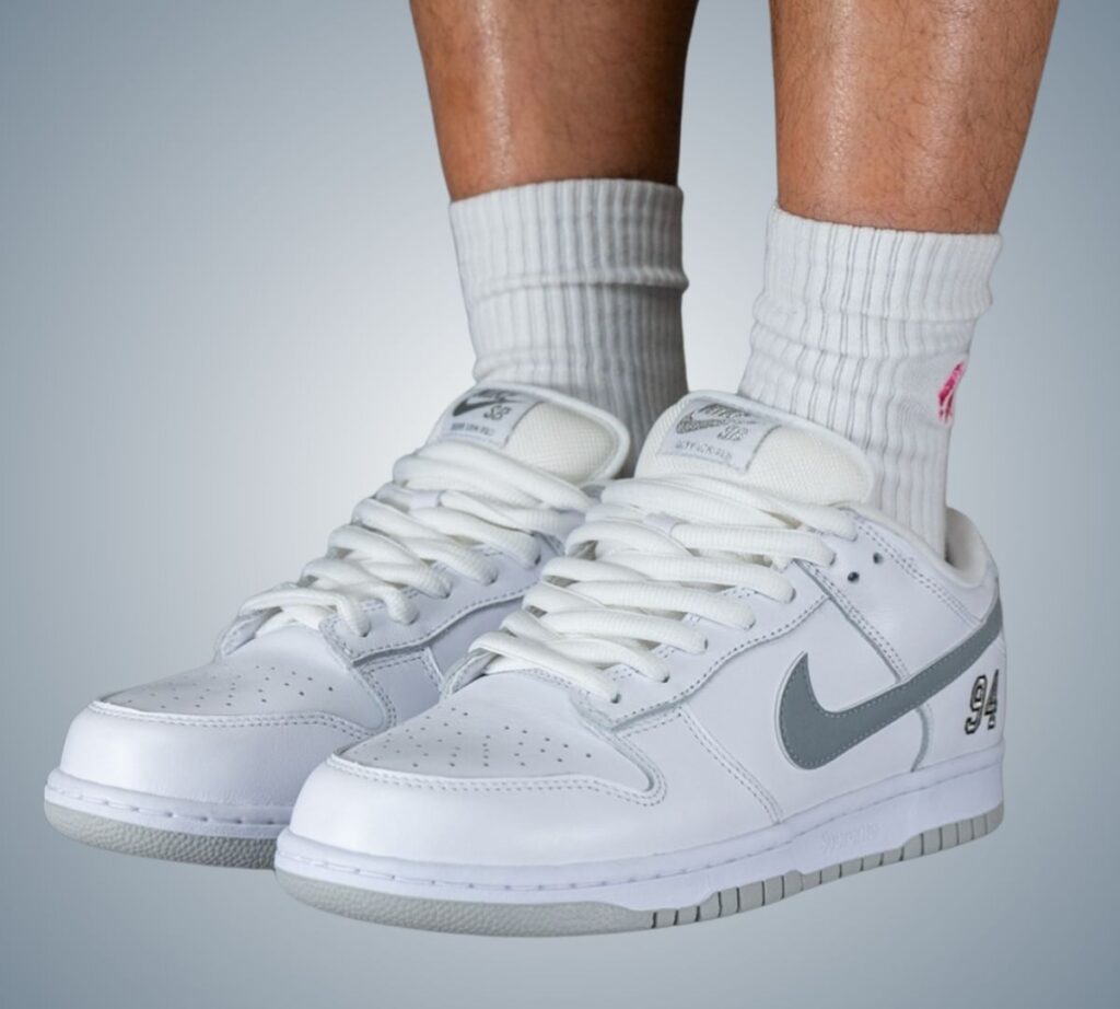 Supreme Nike SB Dunk Low White Metallic Silver HQ8487-100 On-Feet