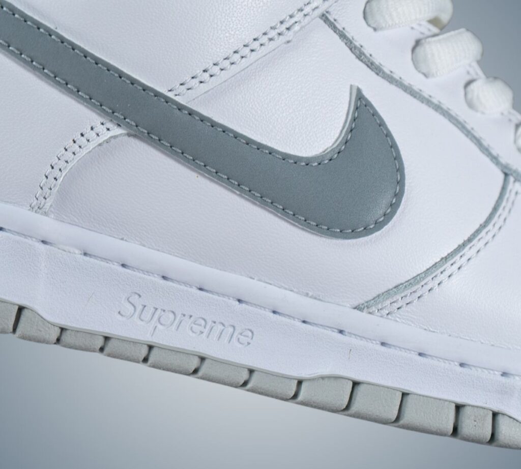 Supreme Nike SB Dunk Low White Metallic Silver HQ8487-100 On-Feet