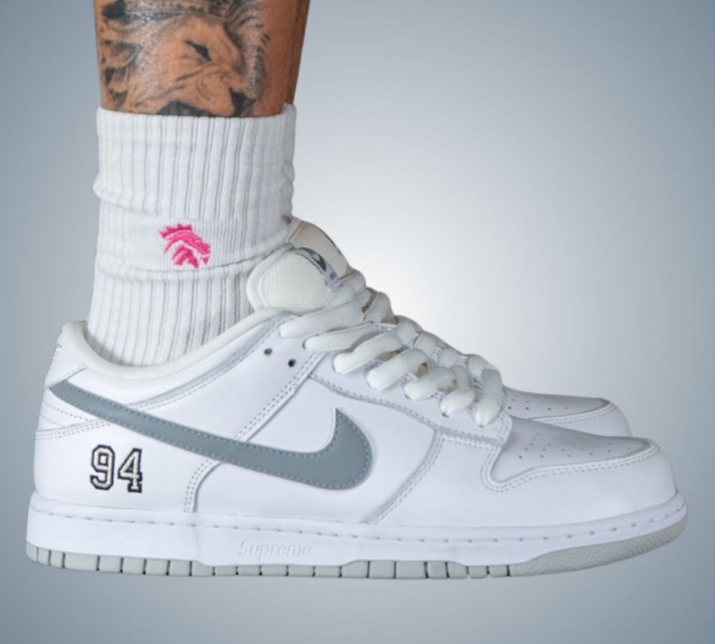 Supreme Nike SB Dunk Low White Metallic Silver HQ8487-100 On-Feet