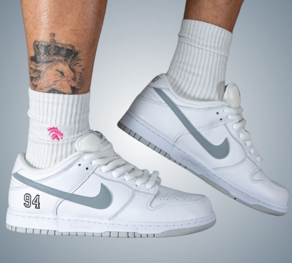 Supreme Nike SB Dunk Low White Metallic Silver HQ8487-100 On-Feet