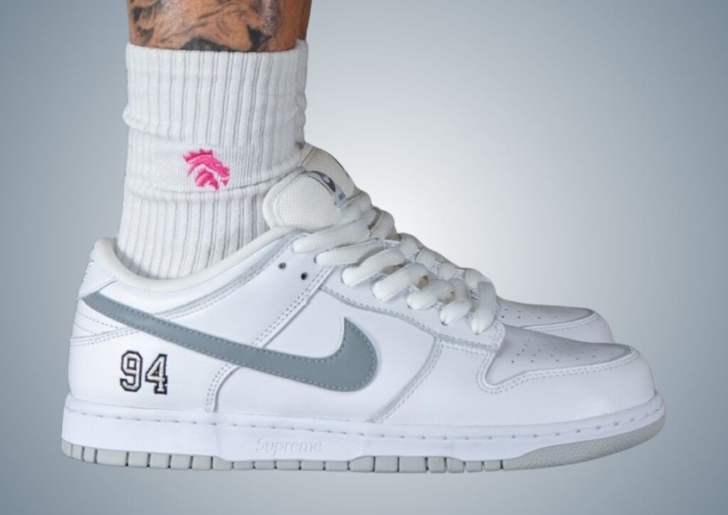 Supreme Nike SB Dunk Low White Metallic Silver On-Foot